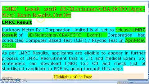 LMRC Result 2018 JE , Maintainer , CRA , SCTO April May Exam Results, Cut Off