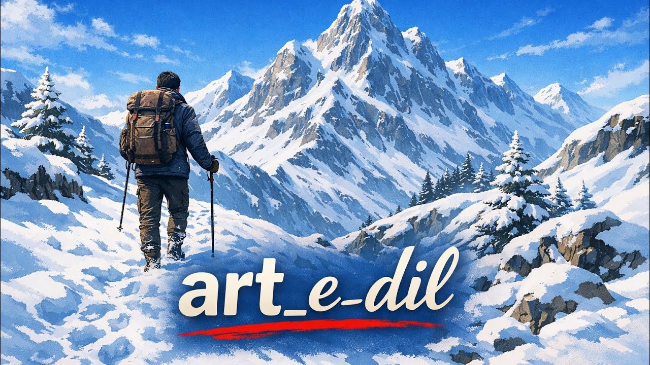 Watercolour drawing landscape scenery/ Snow mountain landscape drawing with pencil/