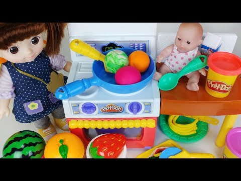 Baby doll and play doh Kitchen and Refrigerator cooking food toys play 아기인형 플레이도우 요리놀이 주방 장난감 - 토이몽