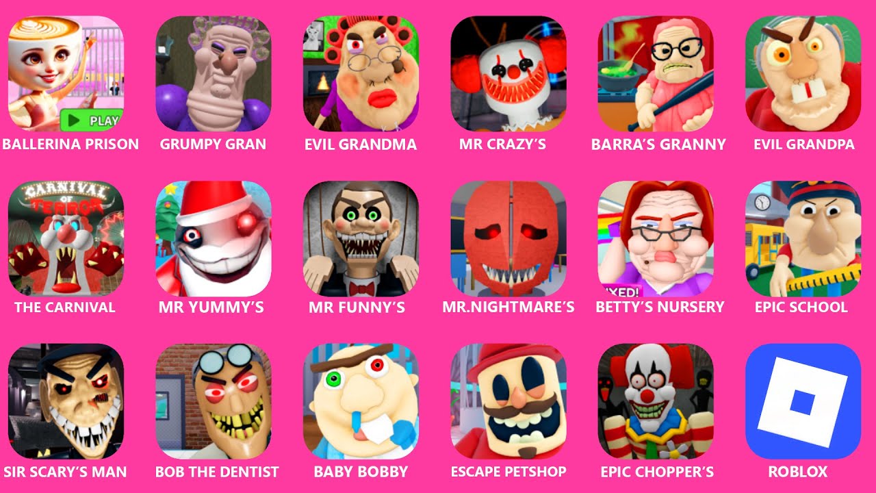 ROBLOX,ESCAPE THE EVIL BABYSITTER,THE CRAZY TOY FACTORY,MONSTER PET STORE,SCARY CARNIVAL OWNER...