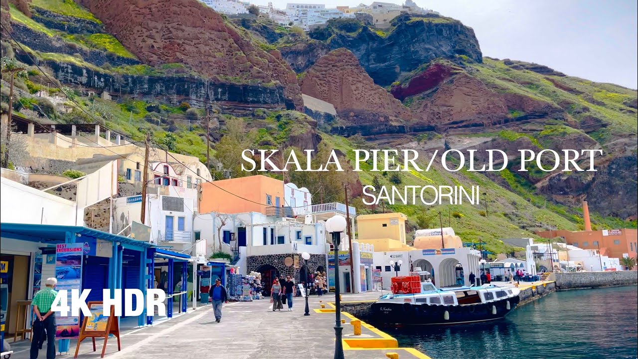 SKALA, SANTORINI OLD PORT, GREECE 🇬🇷 CABLE CAR FROM FIRA🚡,KARAVOLADES STAIRS /OLD MARKET /4K /HDR