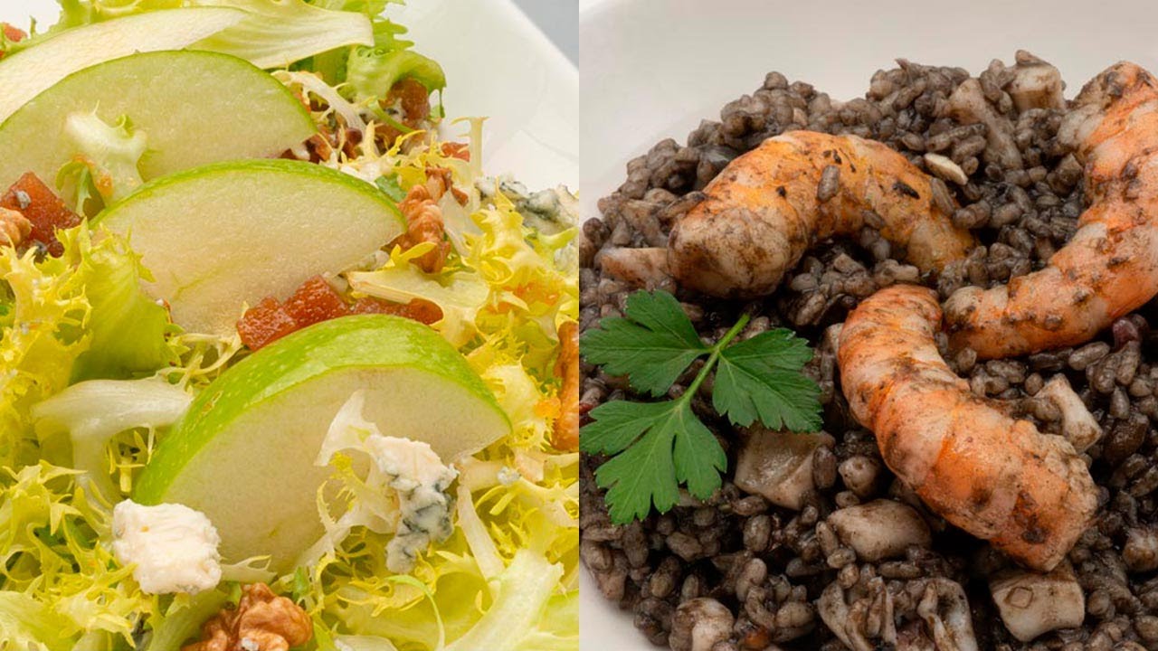 Ensalada de escarola, manzana y queso azul - Arroz negro con calamar y langostinos - Cocina Abierta
