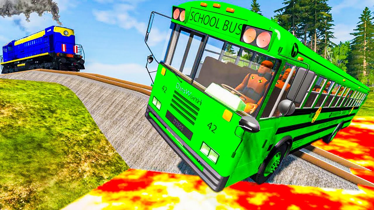 Flatbed Trailer Tractor Truck Rescue Bus | School Bus vs Double Rails | BeamNG.Drive