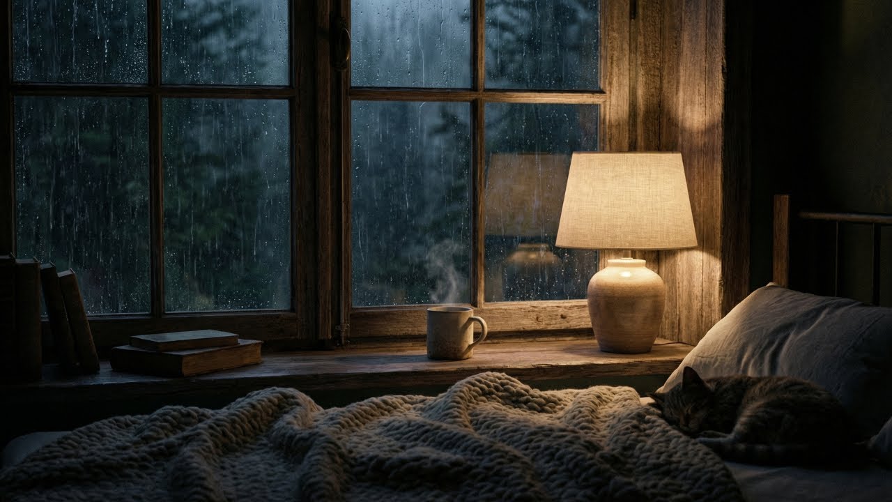 Fall Asleep Fast with Heavy Rain on Window & Sleeping Cat 💤 Deep Sleep Relaxation Sounds