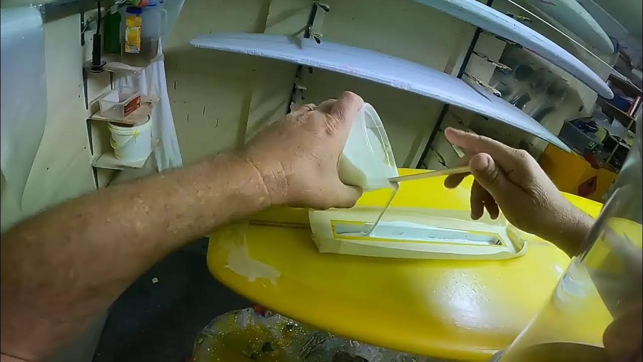 routing box install surfboard shaping glassing sanding spraying fin POV