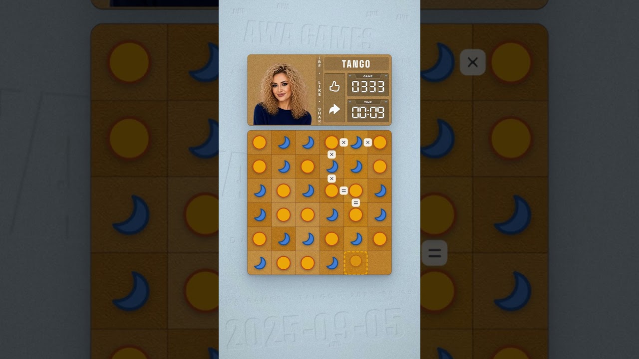 LinkedIn Tango #333 solved board for September 5, 2025, 6x6 grid
