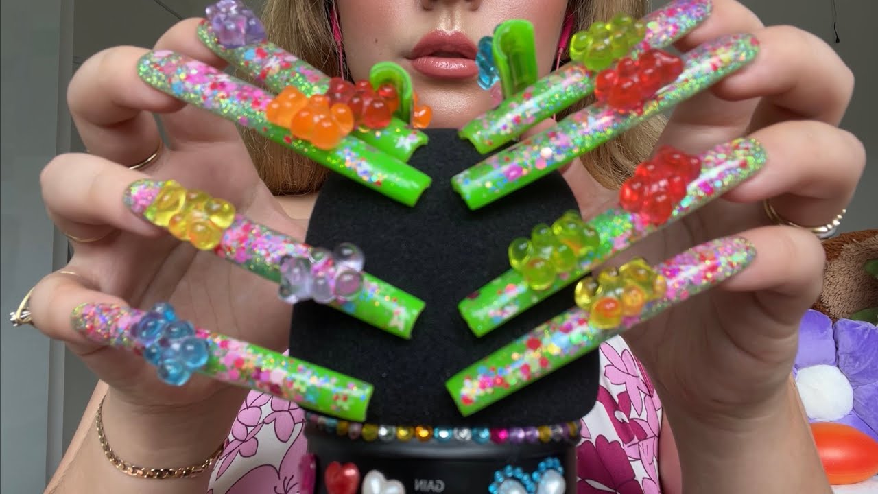 ASMR mic scratching with REALLY LONG NAILS 💚🌈💖 ~with foam, fluffy & no cover~