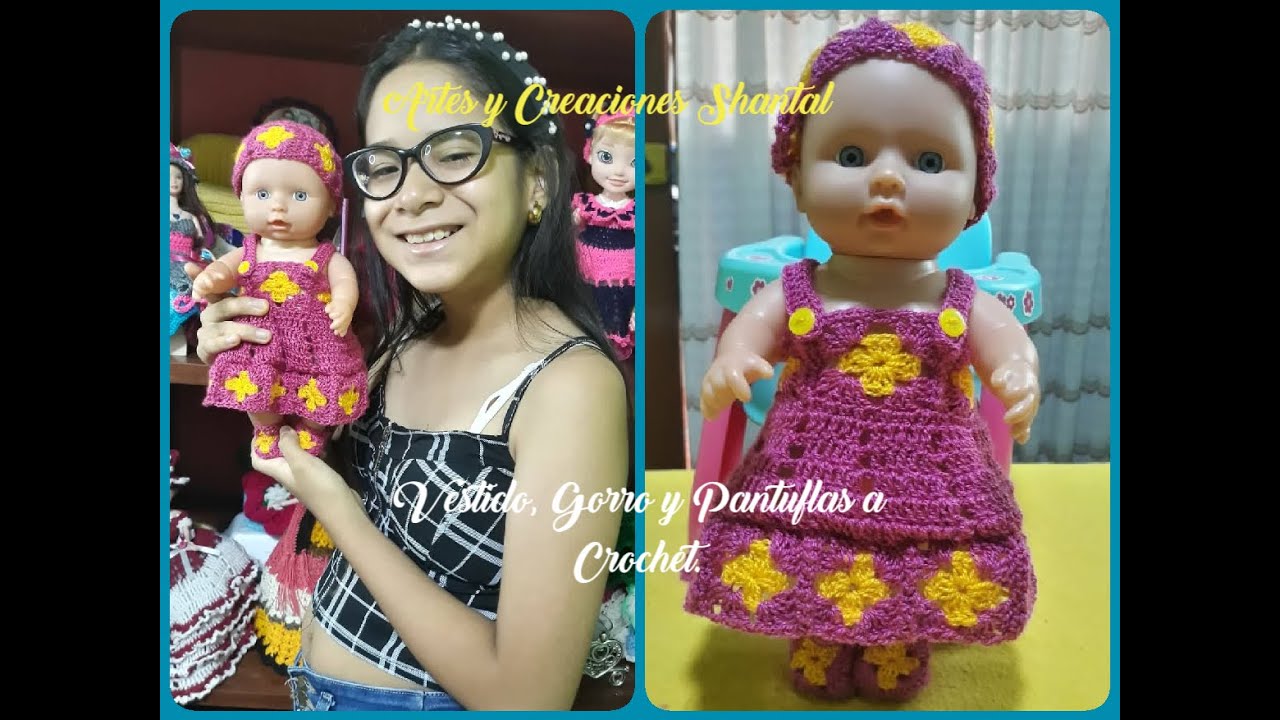 Vestido, Gorro y Pantuflas Tejido a Crochet.