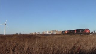 Nice Lashup on a Big Stack Train CN 120 w/EMD Geep, Inspection Car & DPU near Amherst, NS