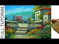 Acrylic Landscape Painting TUTORIAL / Sunny Day on Italian Villa and Flower Garden / JMLisondra