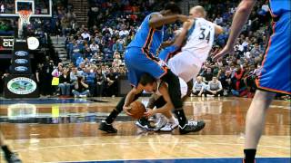 Barea falls between Thabeet's legs!