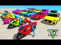 SPIDERMAN CARS Racing Challenge on MEGA Rampa ! SUPERHERO HULK Iron Man Goku BIKES JETSKI - GTA 5