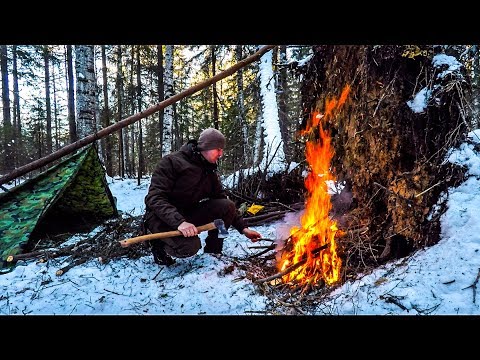 СОЛО БУШКРАФТ НОЧЕВКА ЗИМОЙ В ЛЕСУ - ЛАГЕРЬ В ЛЕСУ, УКРЫТИЕ, ШВЕДСКИЙ ТОПОР, ЛЕСНАЯ КУХНЯ