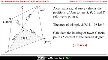 2019 Maths Standard 2 HSC Q35 Find bearing of a point given compass radial survey & area of triangle