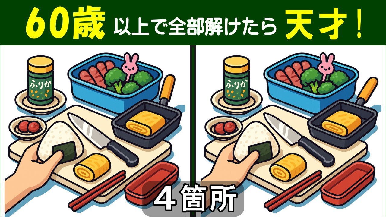 【間違い探し】　 シニアの脳トレ問題集。　集中力を使って脳を活性化しよう！　お弁当作りのイラスト問題などが５問＋おまけ。#440
