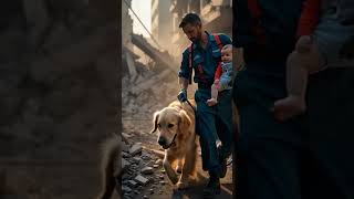 "Heroic Rescue Worker with Golden Retriever and Baby Amidst Rubble