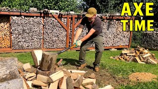 Fiskars X27 Axe Splitting Firewood and Stacking in the Wood Shed
