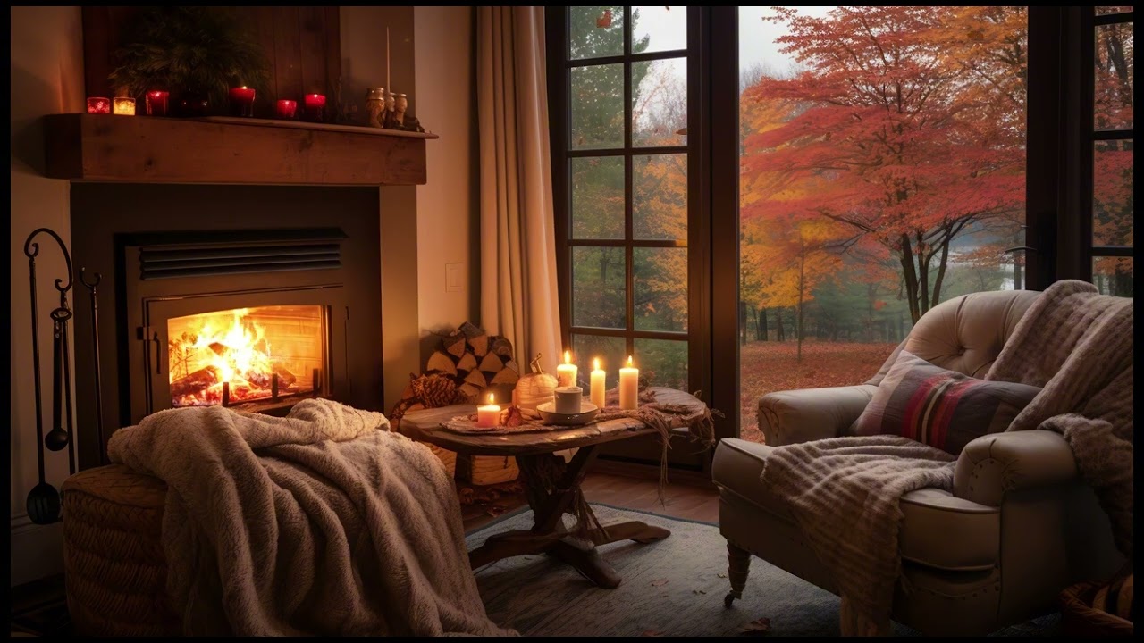 Cozy Autumn Living Room 🍂 Fireplace & Wind Sounds for Relax, Sleep & Study Warm Ambiance CANADA🍁