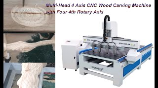 Multi-Head 4 Axis CNC Wood Carving Machine with Four 4th Rotary Axis