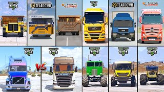 GIANT DUMP TRUCK VS MAN EURO TRUCK  VS MONSTER BUS IN GTA 5 VS TEARDOWN VS BEAMNG -WHICH IS BEST ?