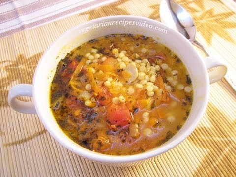 Easy Couscous recipe. Cooking tomato soup with Israeli couscous