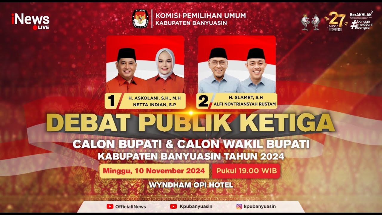 🔴LIVE - Debat Publik Ketiga Calon Bupati dan Wakil Bupati Kabupaten Banyuasin 2024