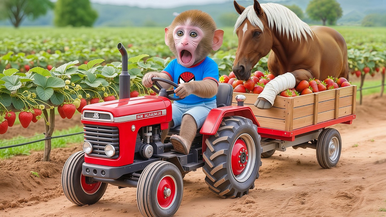 Monkey Nana Harvests Strawberries and Rescues a Trapped Horse in the Forest!