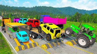Flatbed Trailer Cars Transportation with Truck - Speedbumps vs Cars vs Train - BeamNG.Drive #13