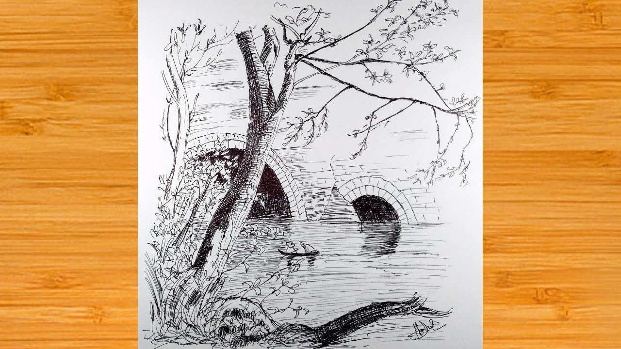 Drawing Landscape With Gel Pen Ballpoint Pen Landscape Step By Step