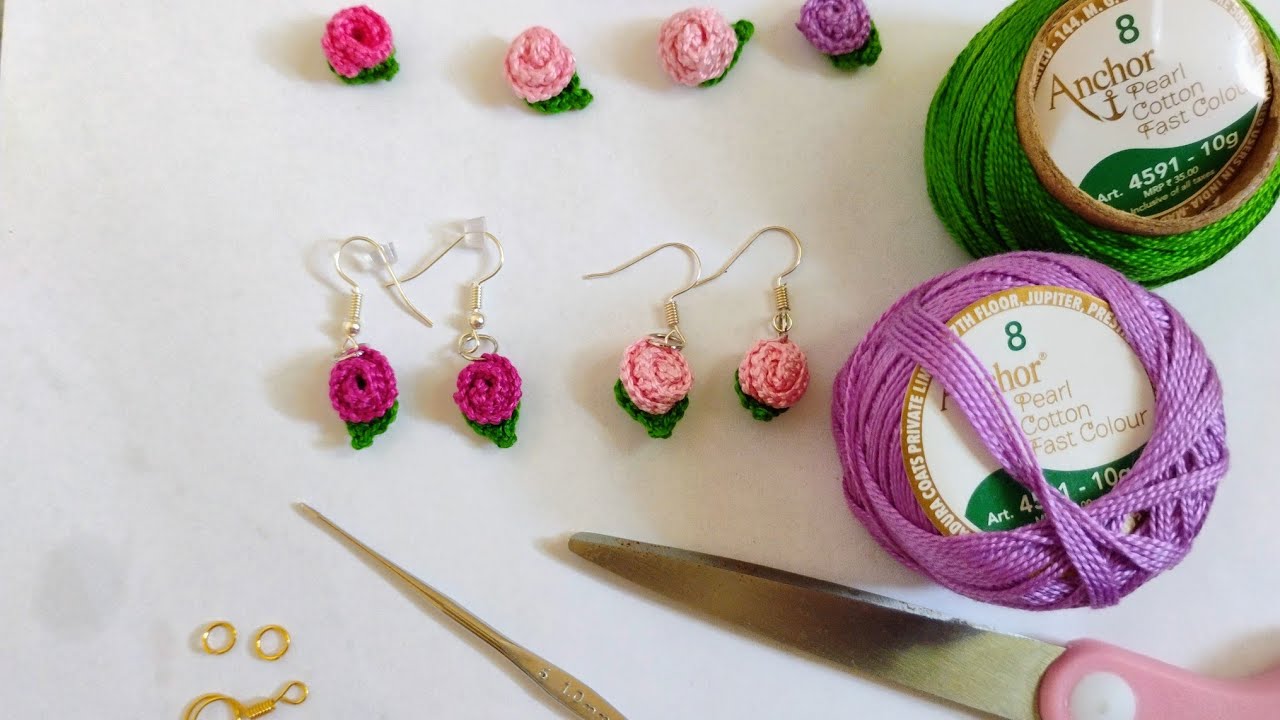 How to crochet mine roses earrings and flower hair clip, hair accessories