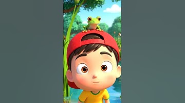 cartoon boy tries to catch frogs near pond frog jumps onto his hat  #animation #animatedcharacter