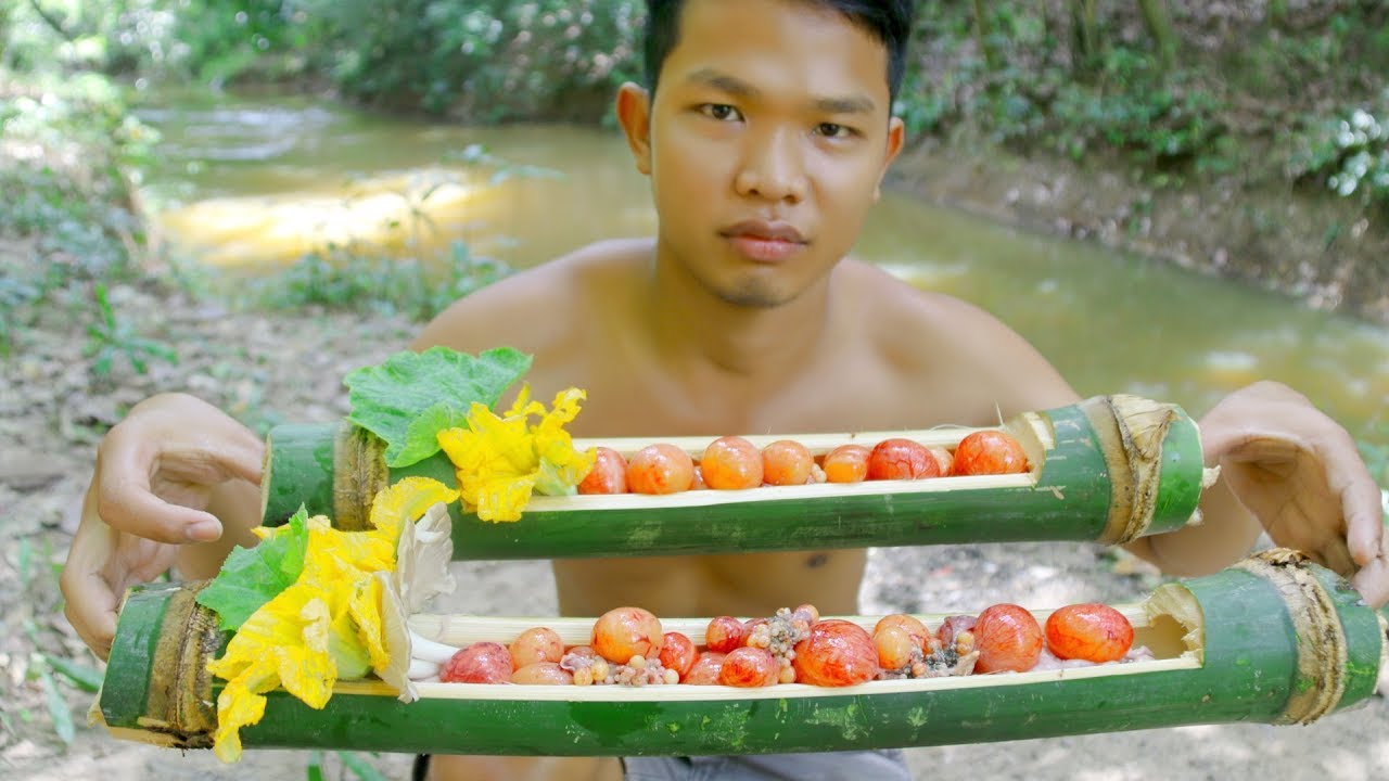 Primitive Cooking egg duck with bamboo in forest | wilderness life