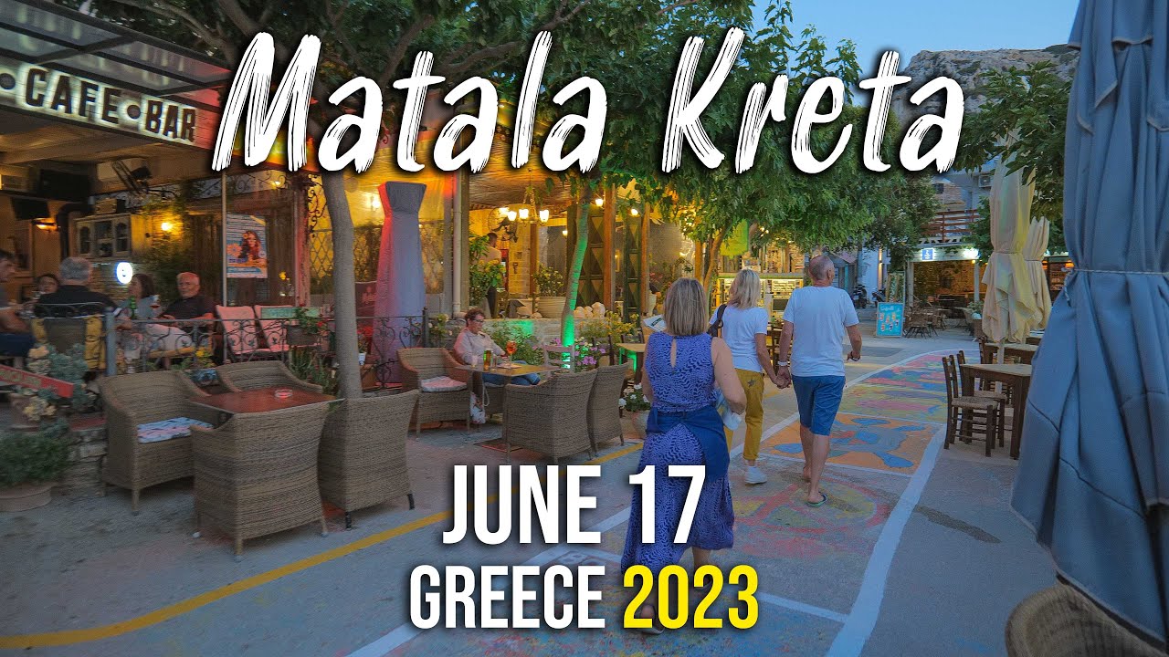 Matala Crete, the night before painting the streets, walking tour 4k, Kreta, Greece 2023