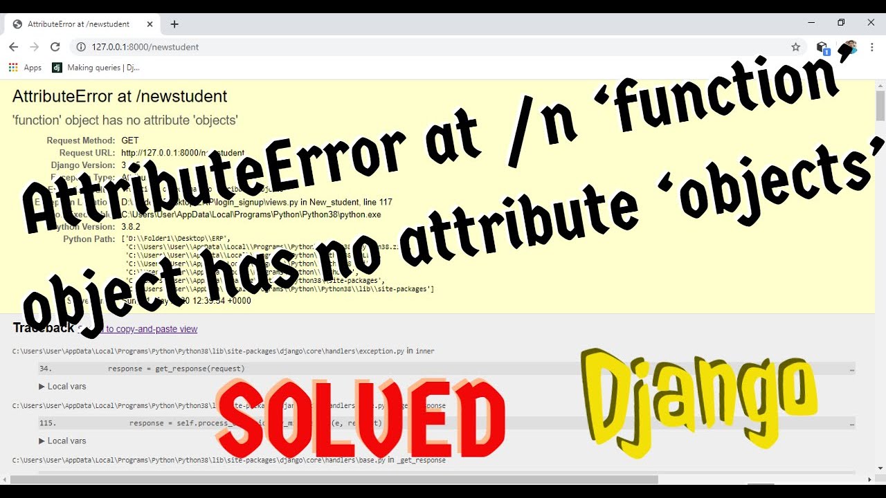Attribute error object has no attribute. 'WSGIREQUEST' object has no attribute 'get'. ATTRIBUTEERROR: 'list' object has no attribute 'replace'. ATTRIBUTEERROR: 'message' object has no attribute 'message'. 'List' object has no attribute 'Split'.