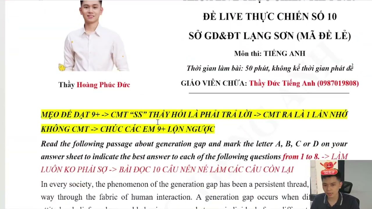 [LIVE 2K7, 2K8] CHỮA ĐỀ LIVE SỐ 10 THPT TIẾNG ANH - SỞ LẠNG SƠN (MÃ ĐỀ LẺ)