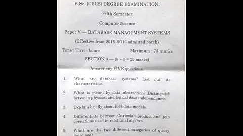 Degree 5th sem Computer science Model paper Database Management system
