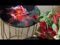 Acrylic pour on two table tops - black base and reds - amazing cells #50