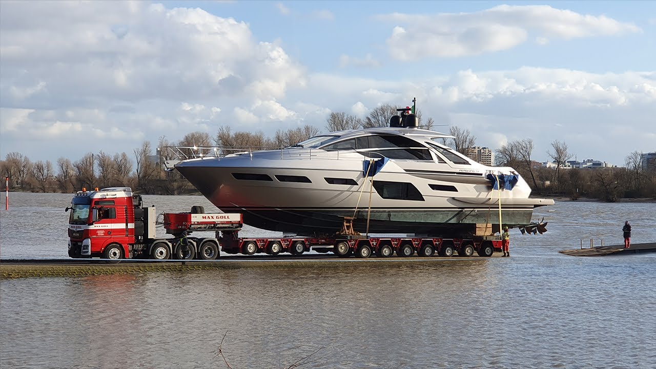 Loading Mega-Yachts during Flood / Heavy Haulage to the Pontoon | Boot 2020 - YouTube