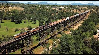 4K: Aerial View & Drone Chase of a Union Pacific Mixed Freight Train over the Redding Trestle