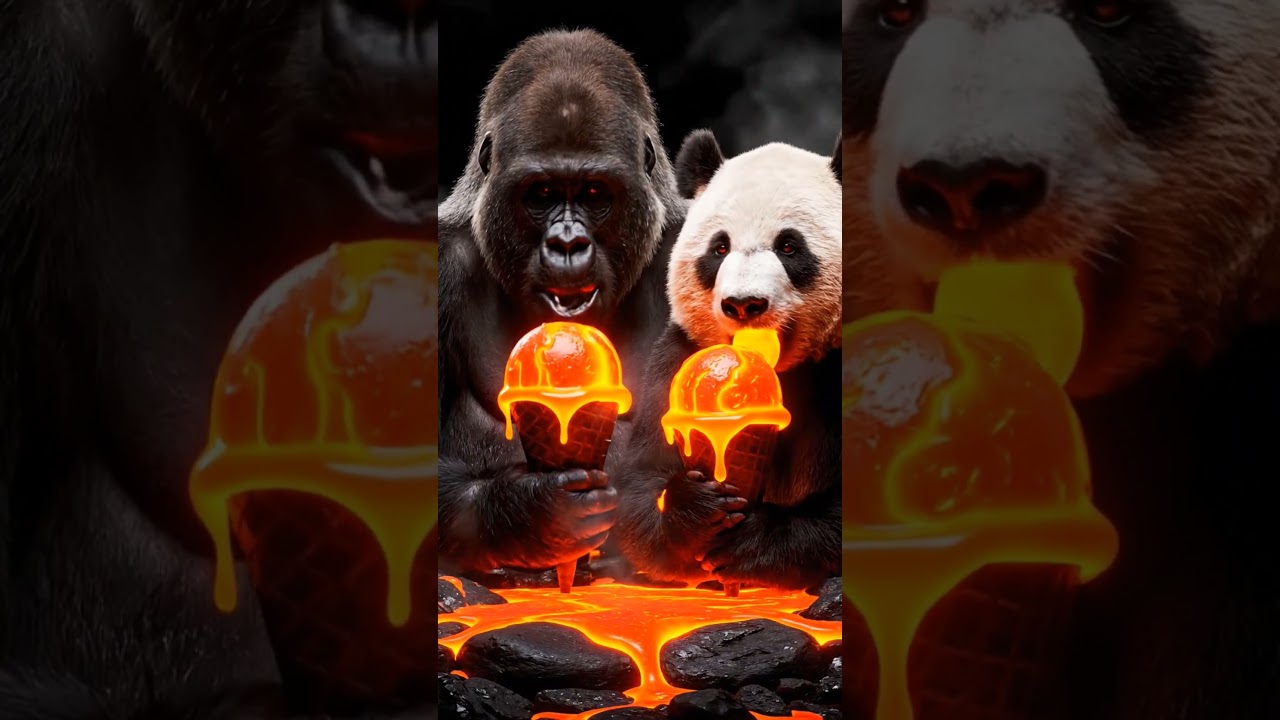 Gorilla and Panda eating ice-cream made with lawa 