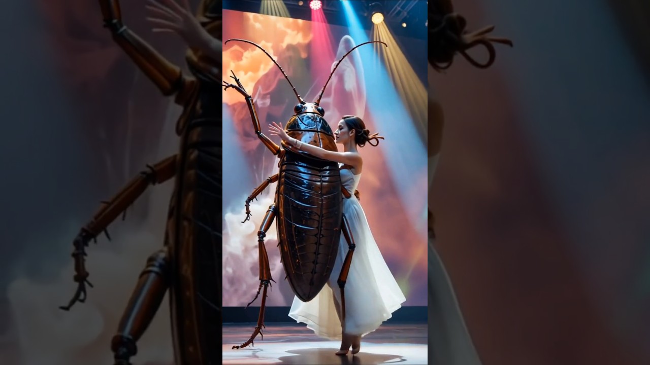Girl and giant cockroach on stage 