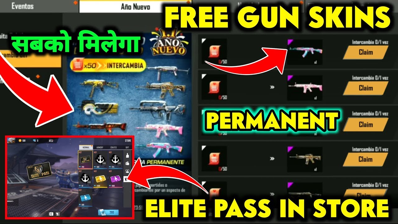 HOW TO GET FREE ALL GUN SKINS PERMANENT IN FREE FIRE || FREE FIRE NEW YEAR EVENT DETAILS