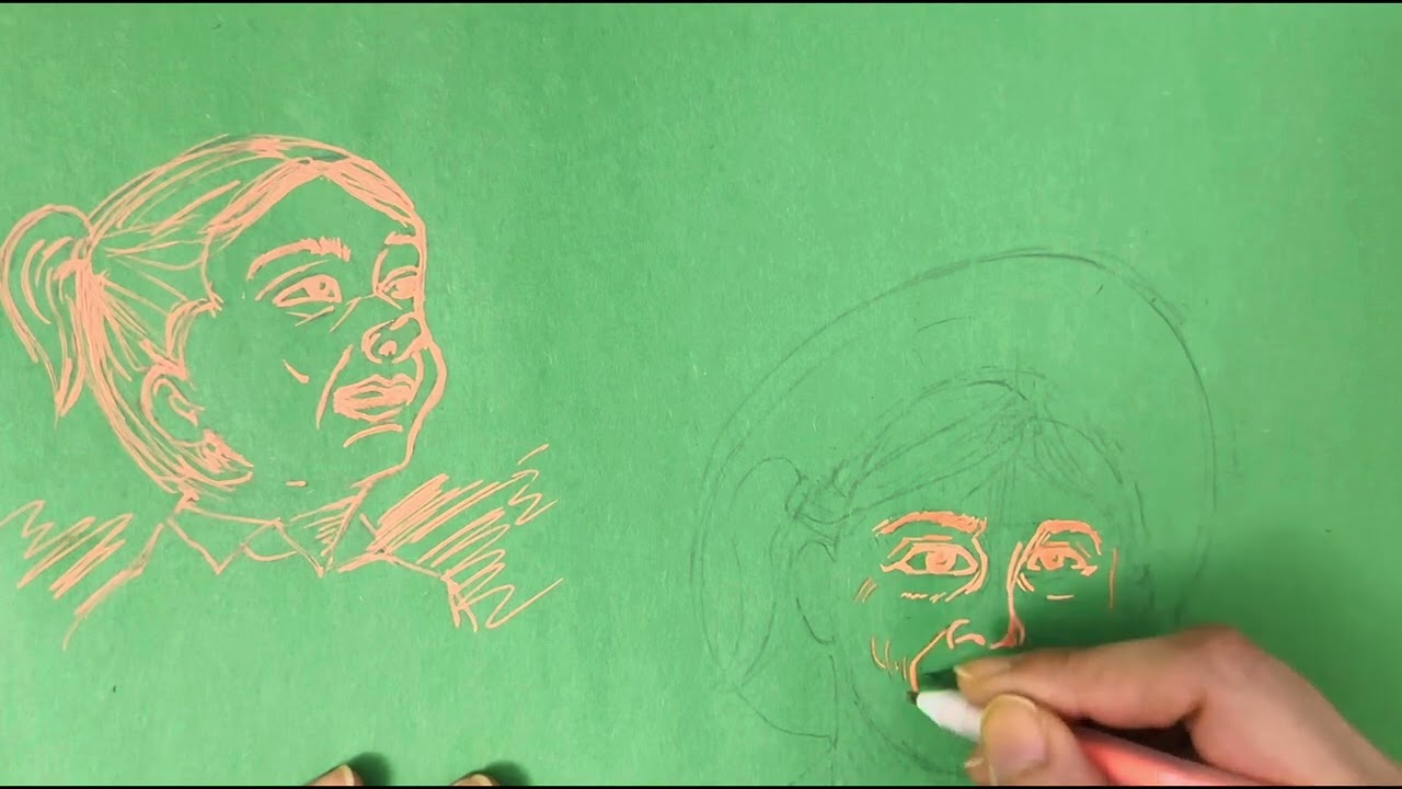 Young Girl Portrait Sketch | Pen Art on Green Paper ✨ Gelly Roll Process