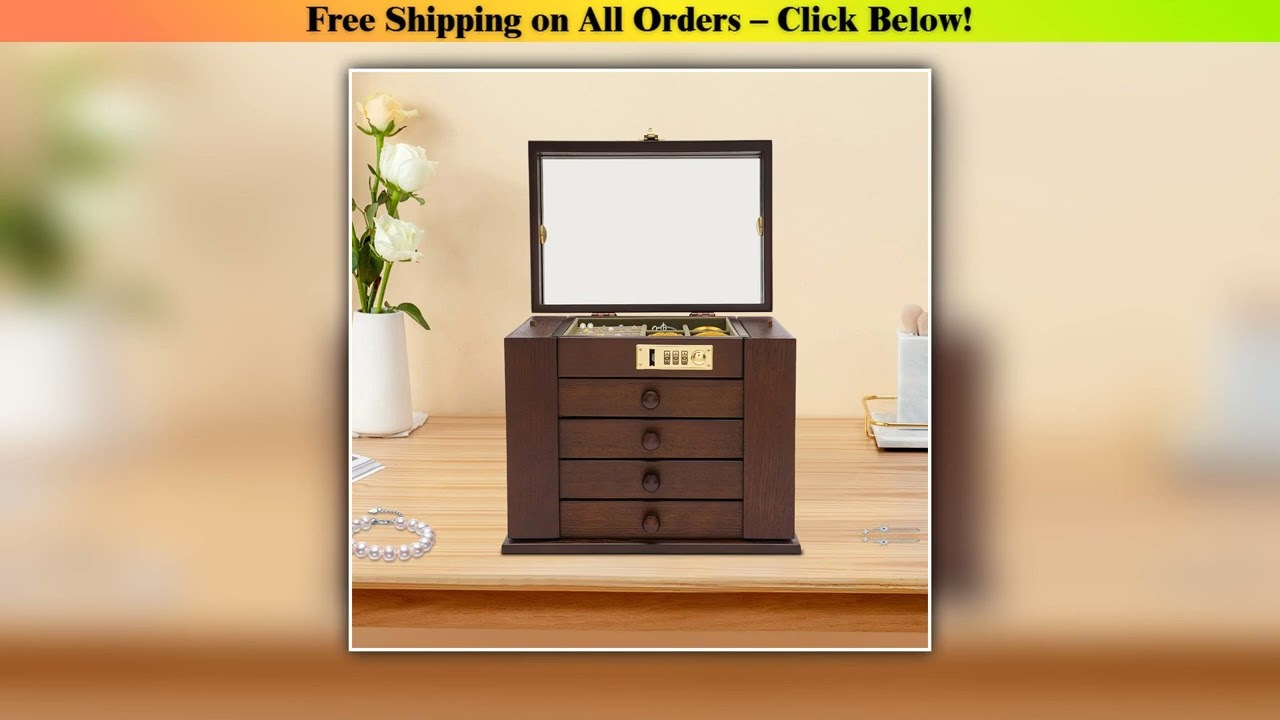 Large 5 Tiers Jewelry Box Organizer with Lock 2 Swing Cabinets Built-in Mirror Soft Velvet Lining