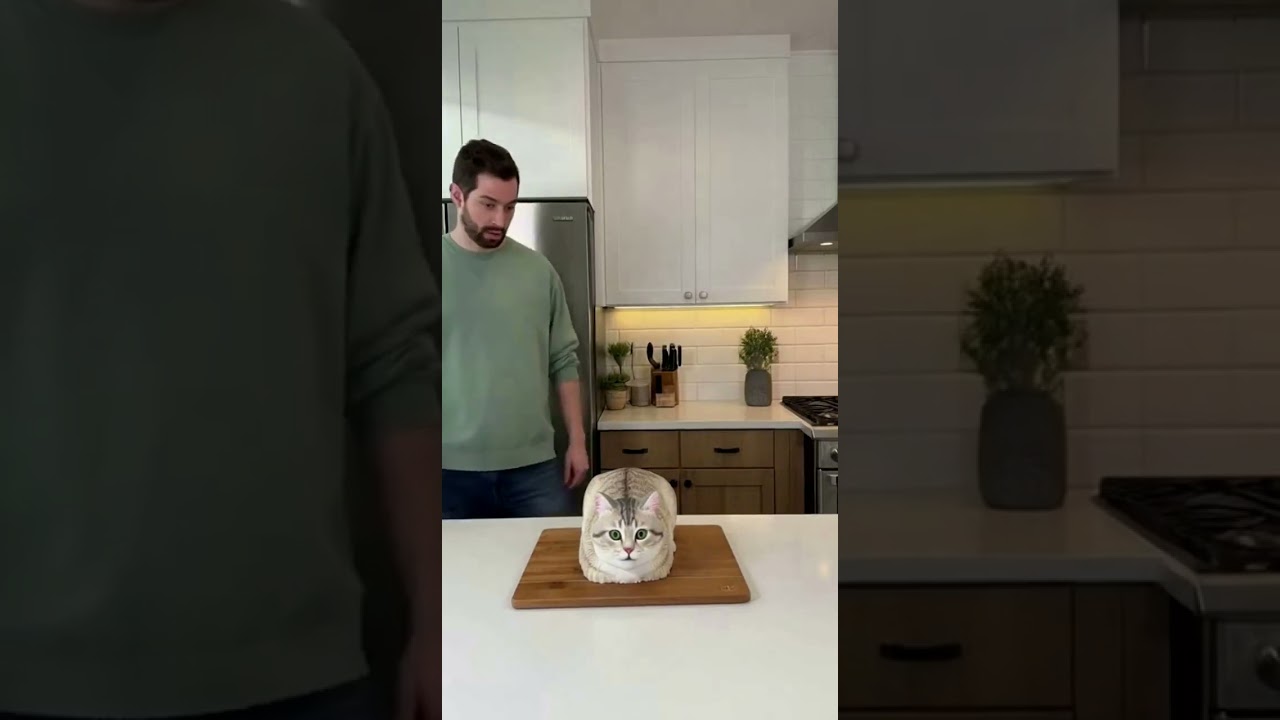 Реакция кошки на торт в форме кошки, вырезанный из теста 