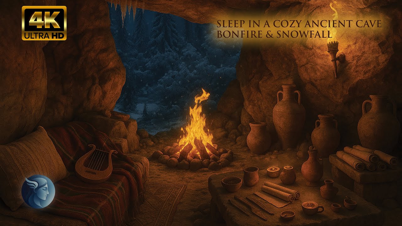 Sleep in a Cozy Ancient Cave | Winter Ambience with Bonfire & Snowfall Sounds – 10 Hours 4K