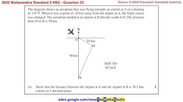 2022 Maths Standard 2 HSC Q33 How to do a bearings problem involving sine & cosine rules