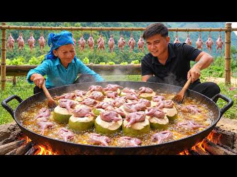 Crispy Quail in Coconuts – Giant Pan Cooking with Grandma – Traditional Wood-Fired Cooking