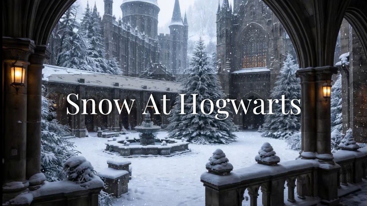 Winter Hogwarts Snowfall Ambience | Meditation Music in a Courtyard for Relaxation, Study & Sleep