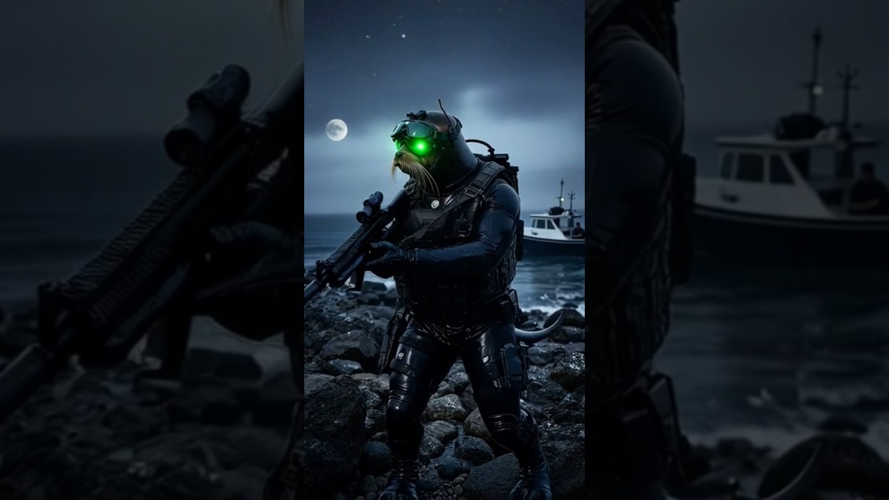 “Elite Navy SEAL Seal in Full Tactical Gear – Moonlit Ocean Mission! 